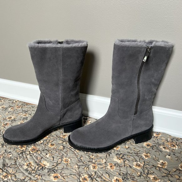 Women BANDOLINO Grey Suede Boots w/Fur Cuff - Picture 6 of 8